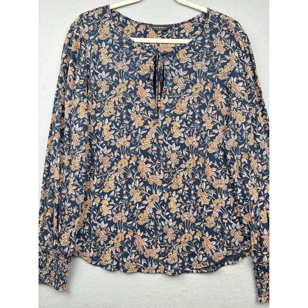 Lucky Brand Blouse Womens L Floral Smocked Cuff Keyhole Neck
